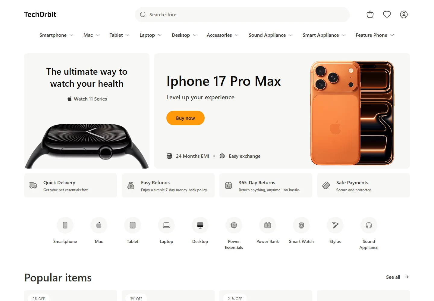 Desktop homepage of the TechOrbit nopCommerce Tailwind CSS theme