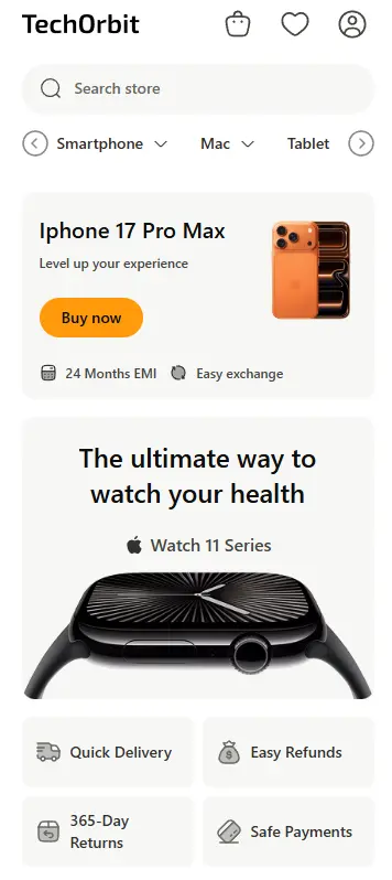 Mobile homepage of the TechOrbit nopCommerce Tailwind CSS theme